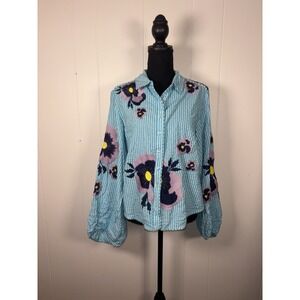 Anthropologie Maeve Women's Embroidered Button-Down Floral Shirt Blue Size S